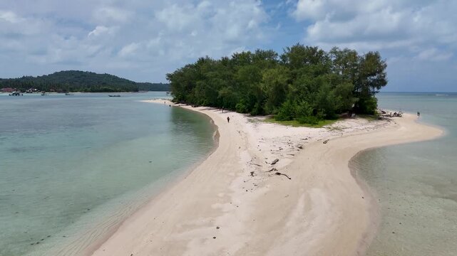 Aerial shot of Kerayaan Beccu Beach, a white-sand beach in Kotabaru, South Kalimantan