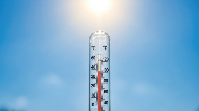Extreme Heatwave and Global Warming Concept with Thermometer Showing High Temperature Under Bright Summer Sun