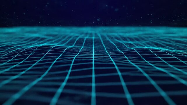 Blue grid lines undulate across a dark surface with subtle, scattered points of light