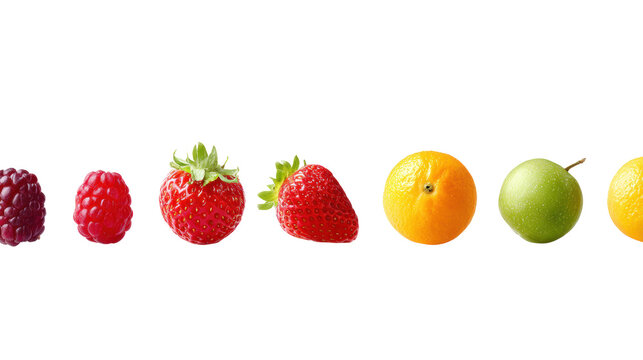 Row of fresh berries and citrus fruits arranged in a line isolated on transparent background