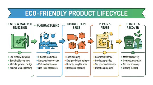 Eco-friendly product lifecycle infographic with design reuse and recycle steps.