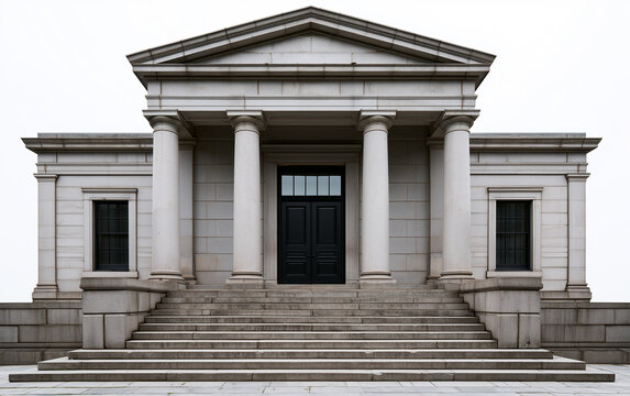 Grand stone building entrance with imposing columns, a triangular pediment, and a dark double door.