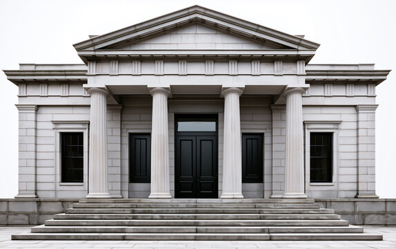 Grand stone building entrance with imposing columns, a triangular pediment, and a dark double door.