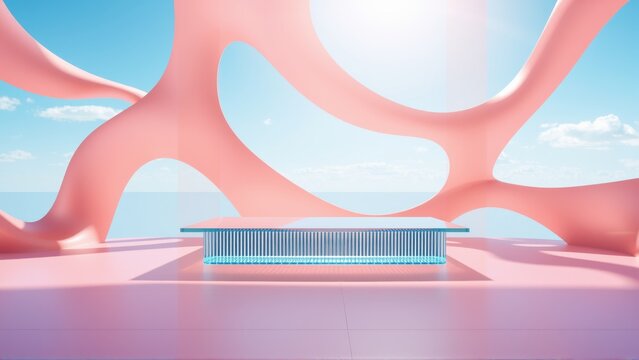 Abstract pink structure frames blue sky, water. Minimalist design, clean lines, soft lighting creates serene space. Modern architecture.