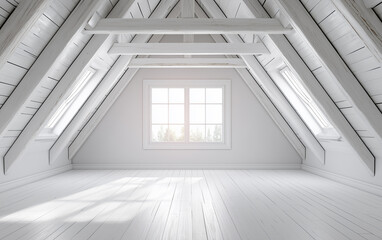 Obraz premium Bright and Airy White Attic Room with Sloped Ceiling, Skylights, and Large Window