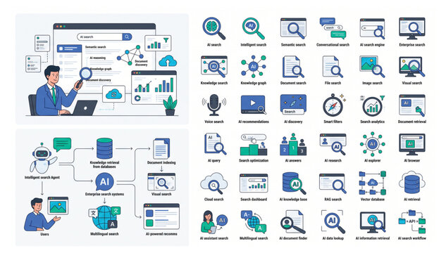 Intelligent Search and Knowledge Base System Vector Illustration with Business Analytics Icon Set