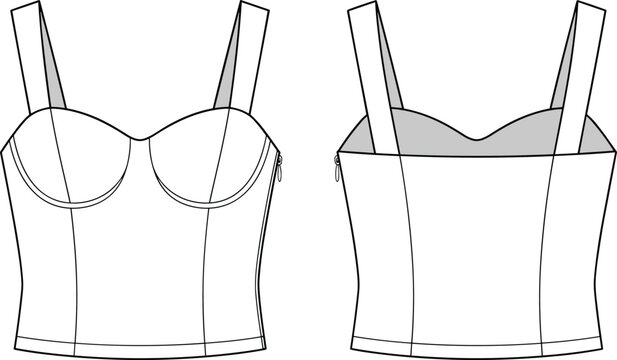 Women's Corset Bustier Crop Top Technical Fashion Flat Sketch Front and Back View Vector Template