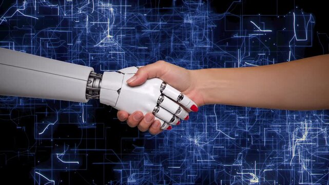 Robotic female hand clasping a female human hand