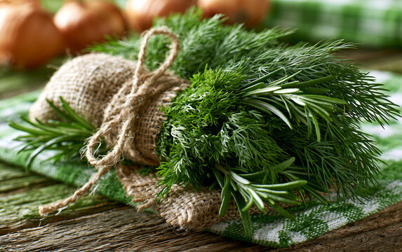 Freshly Harvested Rosemary and Dill Bundled in Burlap on Rustic Wooden Table