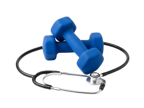 Bright blue hex dumbbells resting atop a black stethoscope, symbolizing the crucial connection between physical fitness and medical well-being in a clean studio setting.