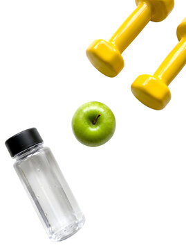 Bright yellow dumbbells, crisp green apple, and clear water bottle arranged artfully against a stark white background for fitness motivation and healthy lifestyle concepts.