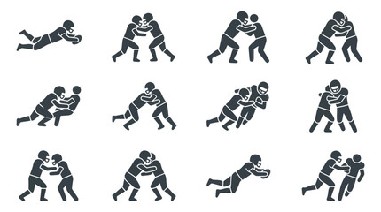 Rugby players in various tackling positions.