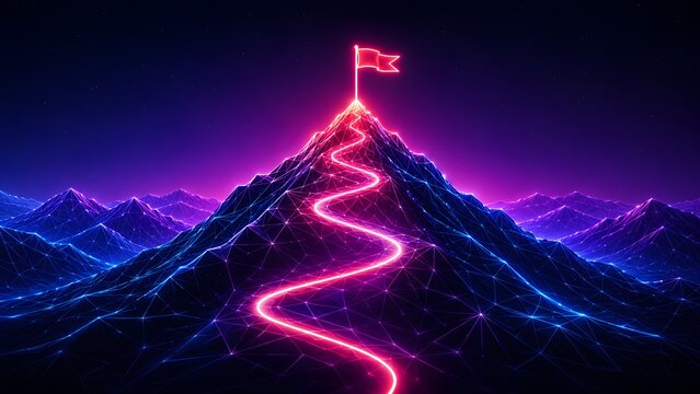 Neon glowing path winding up mountain peak with red flag at top. Concept of career success and goal achievement for corporate strategy.