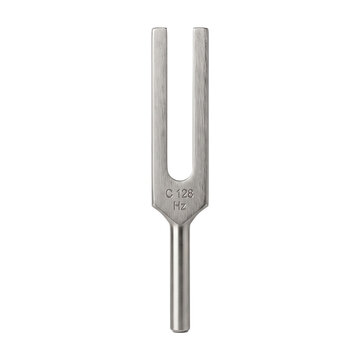 Medical tuning fork set to 128 hz frequency for auditory testing and neurological sensory assessment isolated on transparent background with polished silver metal finish.
