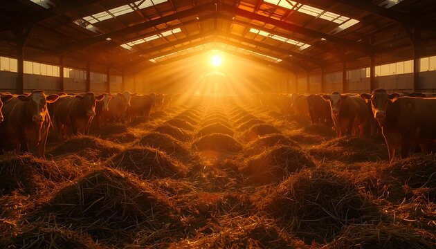Cattle herd inside a large dairy barn during golden sunset