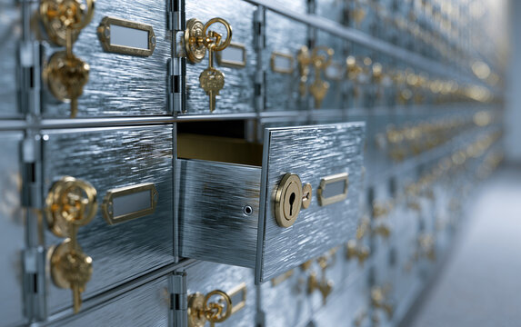 Security and Safety: An Open Safe Deposit Box in a Vault, Offering Secure Storage and Financial Privacy