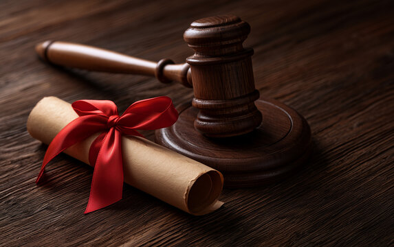 Gavel and Rolled Diploma Tied with Red Ribbon on Rustic Wooden Table Symbolizing Legal Education and Achievement