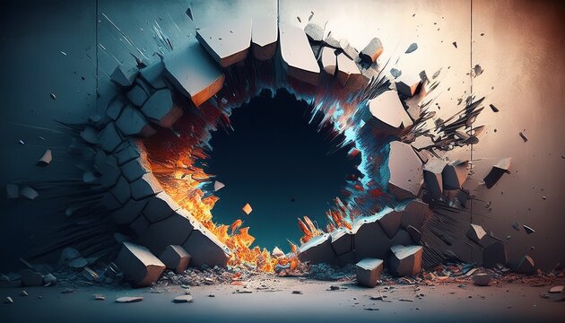 broken concrete wall with hole and debris destruction explosion damage background