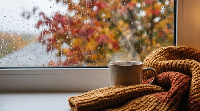 Cozy cup of tea on windowsill with autumn leaves outside  