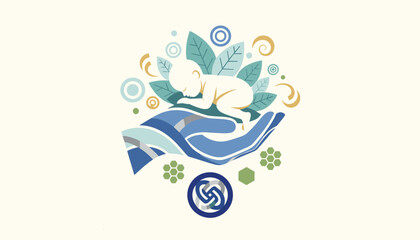 Naklejka premium Sleeping newborn baby resting gently on a large supportive hand surrounded by leaves and organic shapes.
