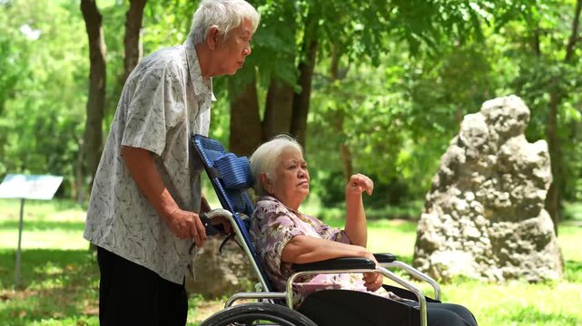 Beautiful senior husband and wife sharing joyful moments outdoors, representing healthy aging, lifelong love, human relationships, retirement happiness and wellness.