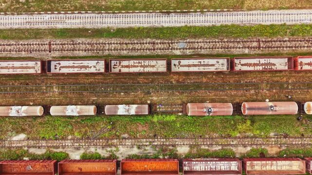Several cargo containers sit on railway tracks next to green grass. The scene shows the layout of the containers and tracks under clear daylight.