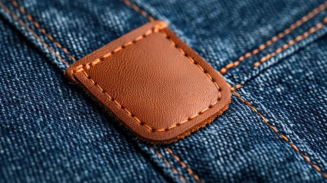 Denim Texture with Leather Patch: A close-up shot reveals the rich texture of blue denim fabric, accented by a warm brown leather patch stitched neatly onto it.