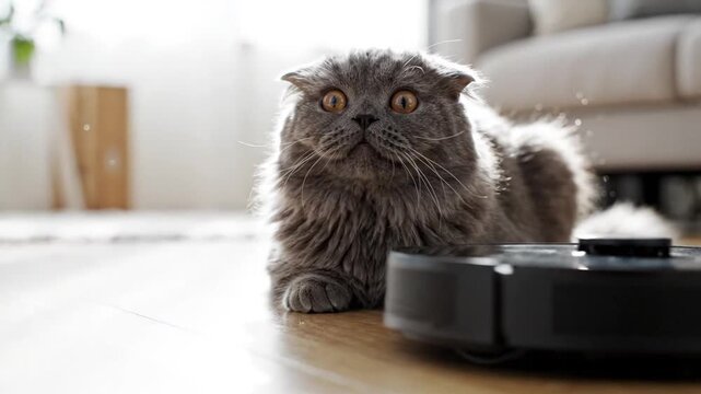Fluffy gray cat watches robot vacuum cleaner on sunlit wooden floor