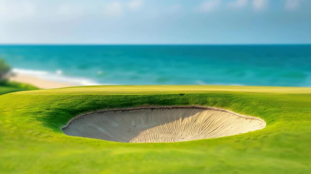 Golf Course Bunker by the Sea: A sand trap on a lush green golf course, with the turquoise ocean and sandy beach in the blurred background under a clear blue sky.