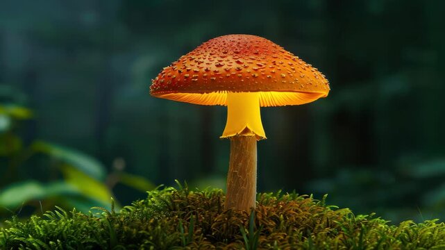 Mysterious Mushroom Glow: A vibrant, glowing mushroom with a distinctly patterned cap stands tall on a moss-covered forest floor, its soft, warm light illuminating the surrounding darkness.