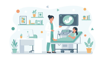 Fototapeta premium Pregnant woman lying on medical bed during ultrasound examination with female doctor in clinical office.