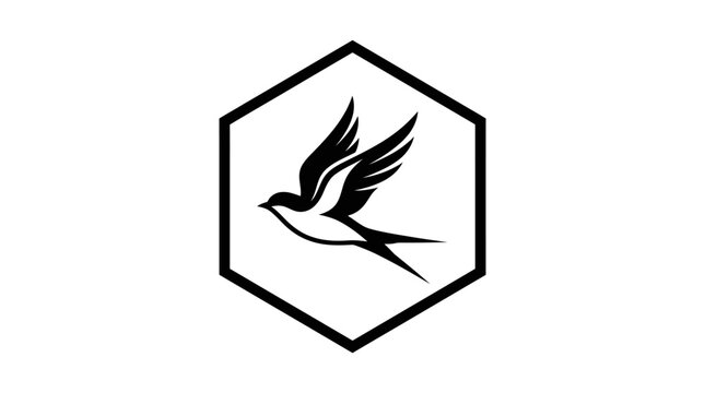 Black and white swallow logo inside hexagon
