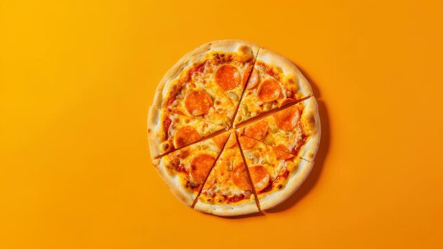 Pepperoni Pizza Slice: A classic pepperoni pizza, artfully cut into six perfect slices, rests invitingly on a vibrant orange background, promising a delicious and satisfying meal.