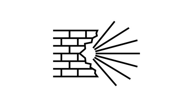 Broken brick wall with light rays symbol