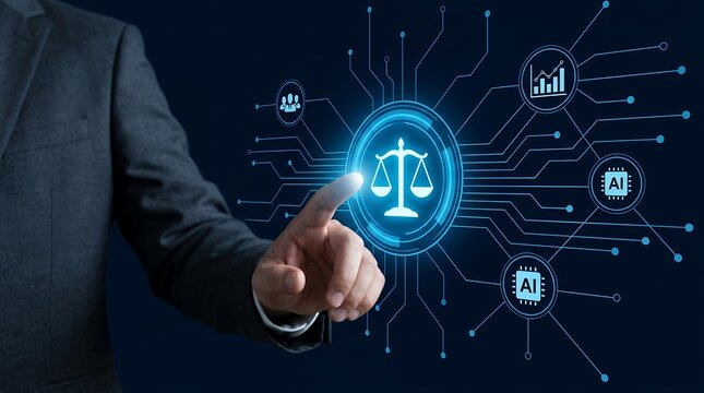 A businessman's finger touches a glowing blue digital interface showing the scales of justice and artificial intelligence icons representing legal technology advancements