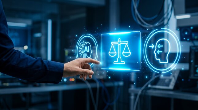 A hand interacts with a glowing digital interface displaying icons for artificial intelligence justice scales and human decision making in a modern office setting AI law technology
