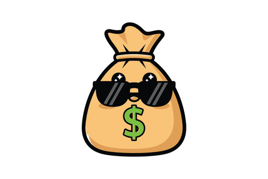 Cute Cartoon Money Bag wearing Sunglasses and Dollar Sign Mouth