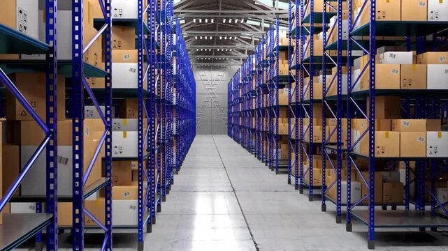 Warehouse interior with rows of shelves filled with boxes