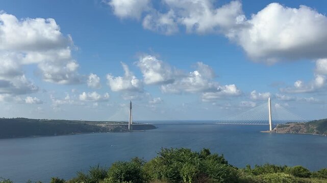 A view of the Yavuz Sultan Selim Bridge and the entrance to the Bosphorus in Istanbul, Turkey.
