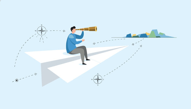 Person sitting on a paper plane and looking through a telescope at a distant landscape on a light blue background with navigational icons.