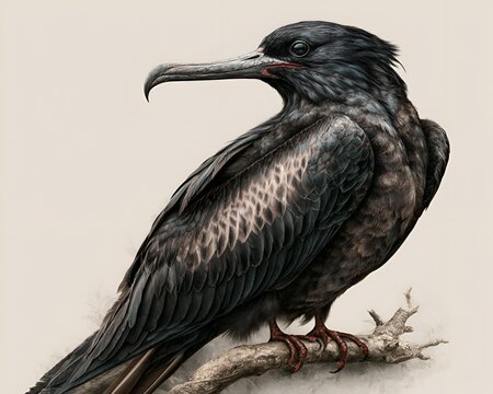 Dark-feathered bird with a long hooked beak perched on a bare branch
