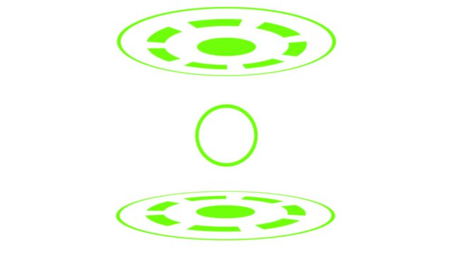 Rotating green glowing concentric circles and HUD elements isolated on white background. Minimalist seamless motion graphics.