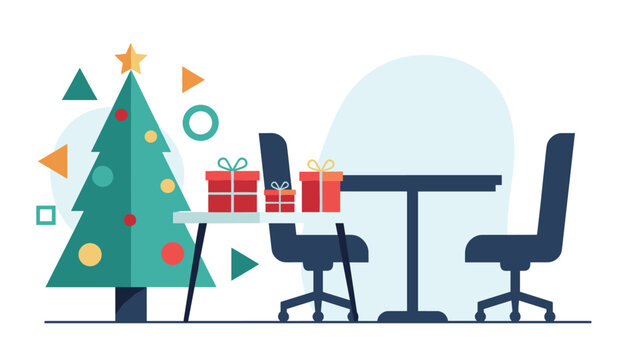 Christmas office interior featuring a decorated tree and wrapped gifts sitting on a desk between two chairs in a festive workplace setting.