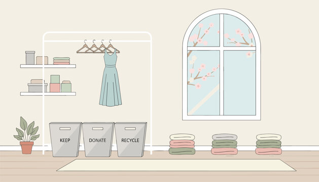 Laundry area organization room features bins for keeping donating or recycling clothes near a window with flowering branches.