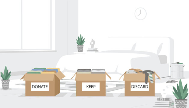 Bedroom interior setup shows three boxes labeled donate keep and discard for effective clothes decluttering and room organization.