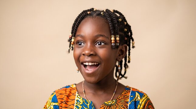 Portrait of a Joyful African American Girl with Braided Hair and Colorful Beads Expressing Surprise and Happiness Against a Neutral Background
