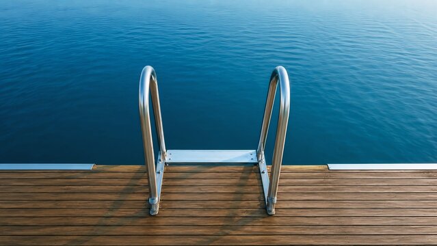 Luxury Swimming Pool Ladder with Wooden Deck and Crystal Clear Blue Water