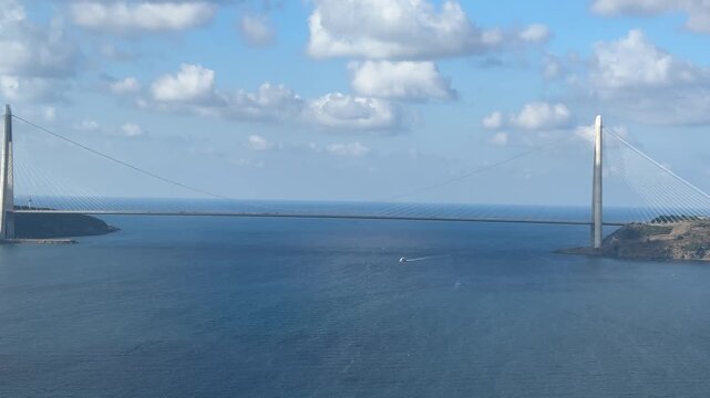 A view of the Yavuz Sultan Selim Bridge and the entrance to the Bosphorus in Istanbul, Turkey.