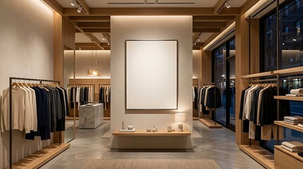Obraz premium Modern clothing store interior with a large blank poster frame for branding or advertisement.