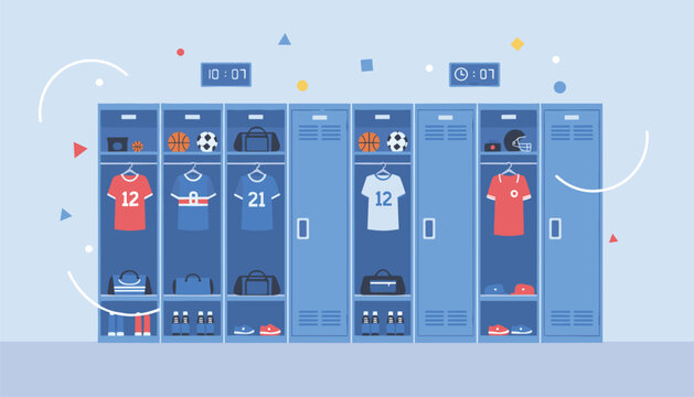 Organized rows of blue sports lockers containing jerseys helmets and equipment inside a professional athletic training facility room.